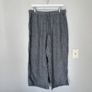 Eileen Fisher Womens Medium Organic Linen Striped Wide Leg Crop Pants Grey White